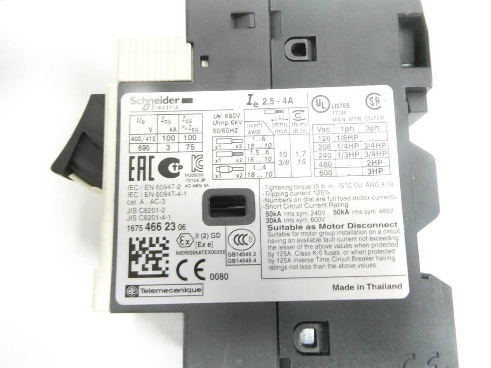 Schneider GV2ME08 Manual Starter 2.5-4a Amp 2hp