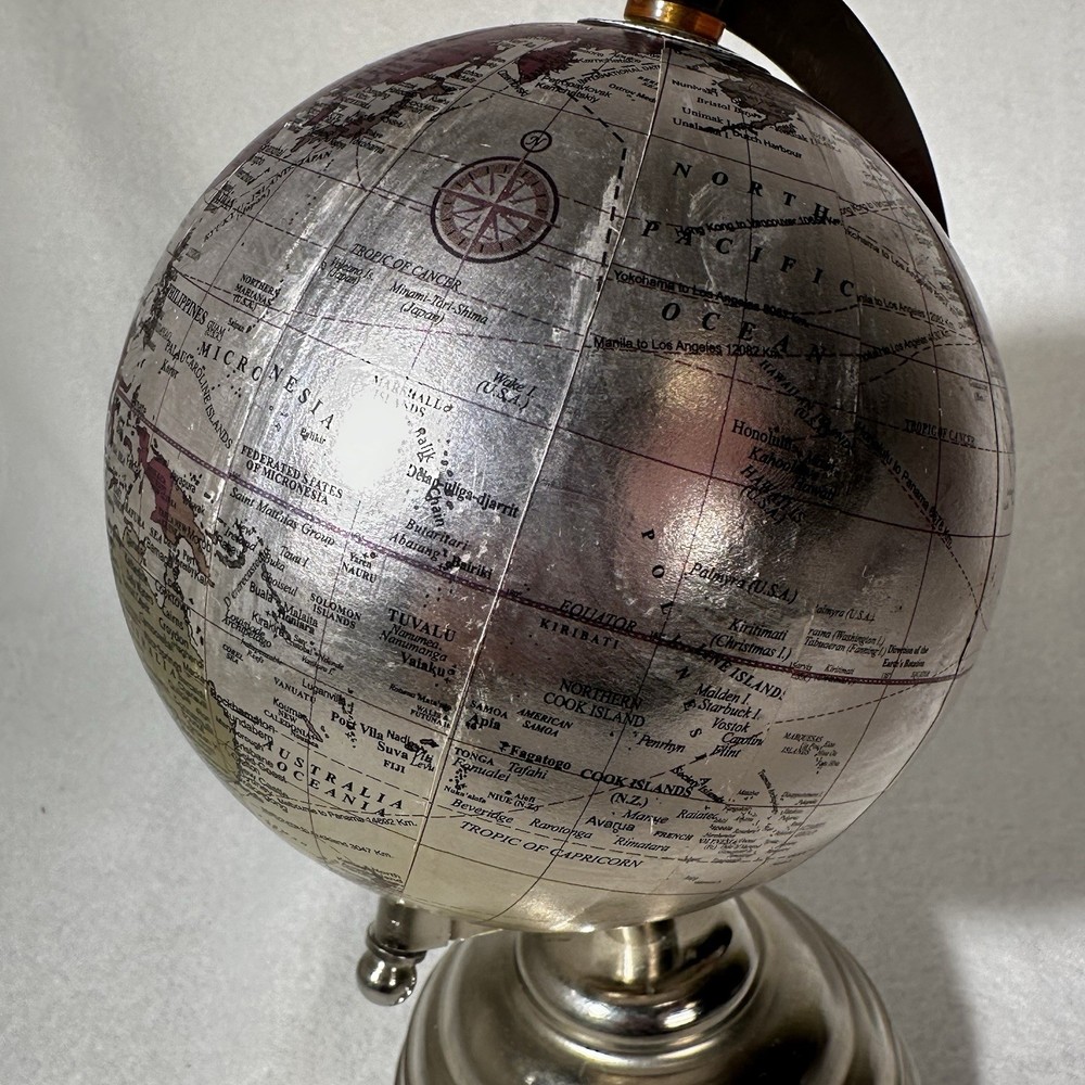 Small 9” Silver Globe Spins On Axis with Base
