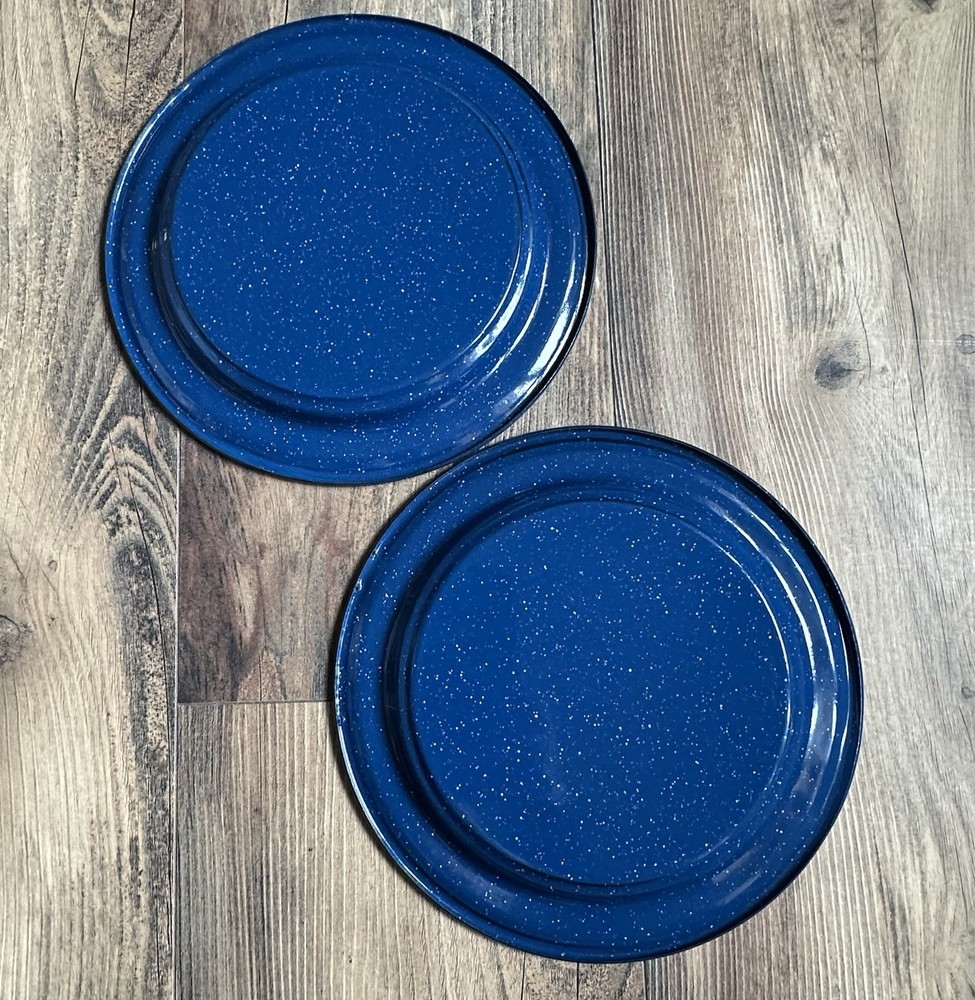 2 CINSA MEXICO DINNER PLATES ENAMELWARE GRANITEWARE CAMPWARE BLUE