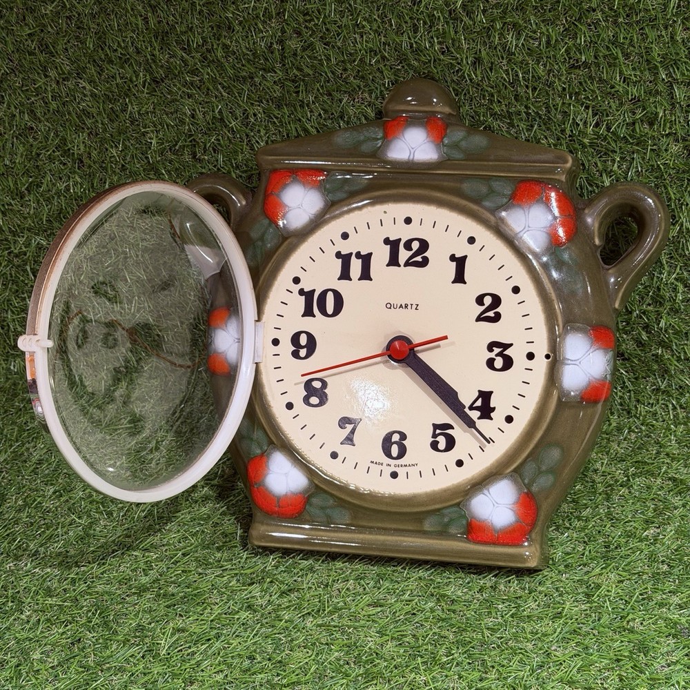 Vintage German Wall Clock Lidded Flowered Pot Ceramic / Working