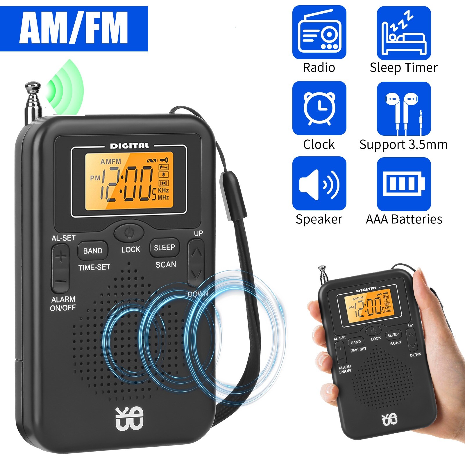 Portable Pocket Digital LCD AM FM Radio Battery Powered Receiver w/Loud Speaker