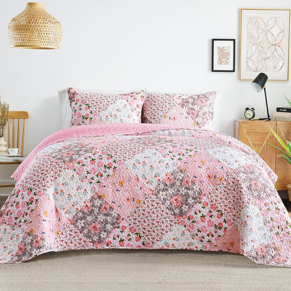 Patchwork Quilt King Size, Extra Soft Boho Floral Bedspreads for Bed Reversible