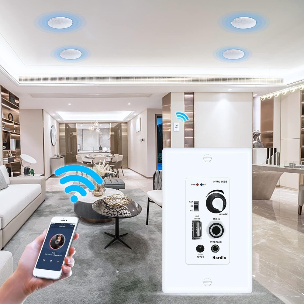 Herdio 4" Flush Ceiling Speakers +4 Channel In Wall Bluetooth Amplifier Receiver
