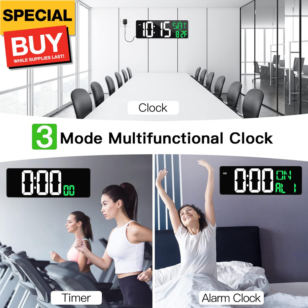 17 Inch Large Digital Wall Clock with Remote Control, Automatic Brightness Dimme