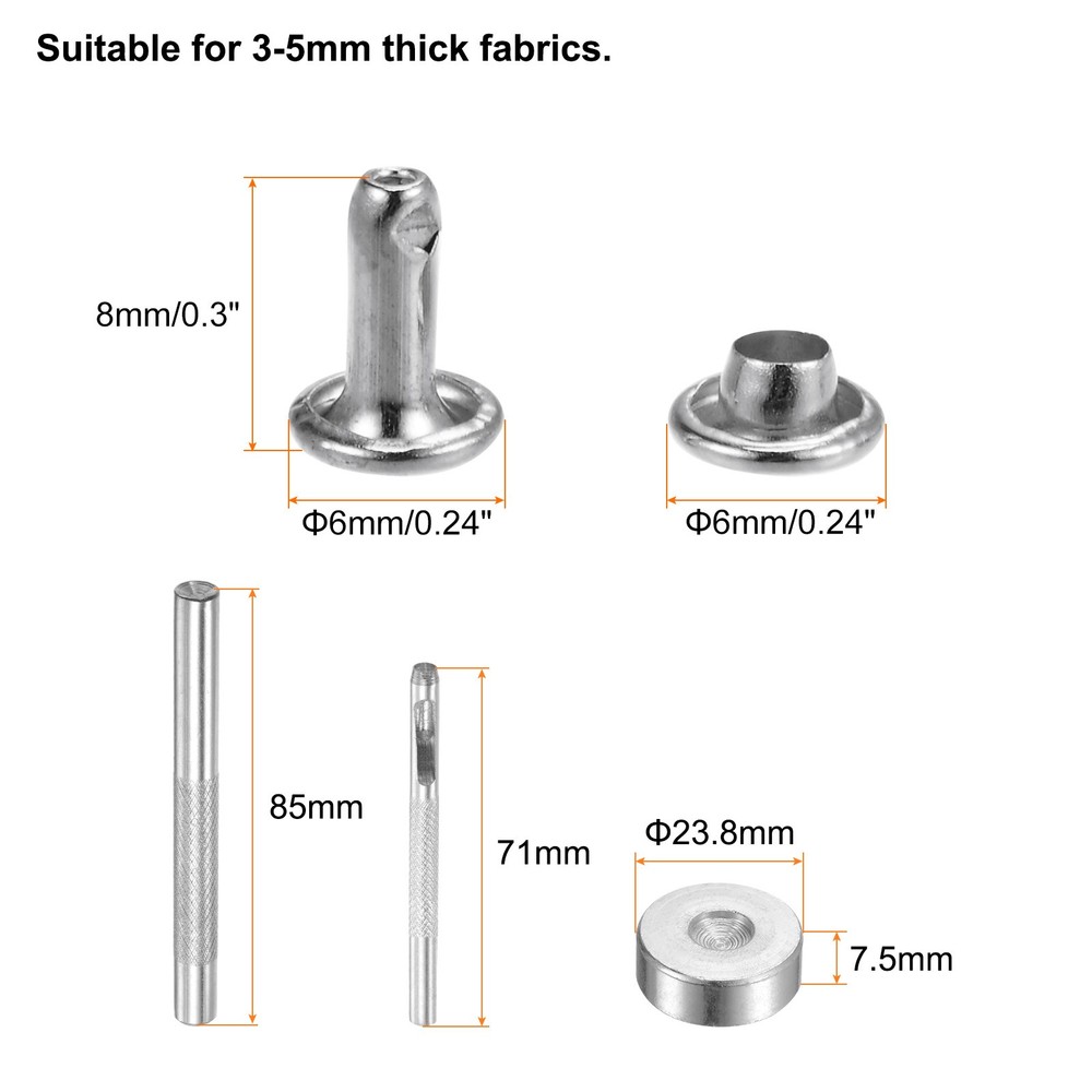 200 Sets Leather Rivets 6mm x 8mm with 3 Setter Tools Silver Tone