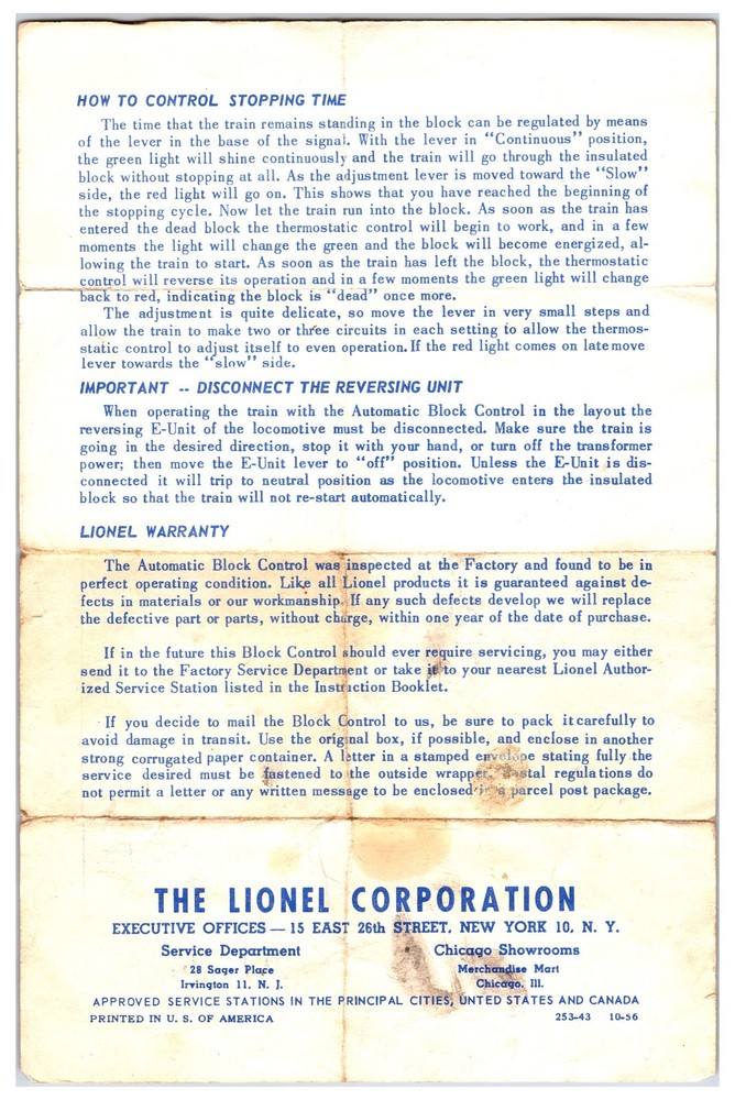 Original Lionel - No.253 Block Signal With Automatic Train Control Instructions