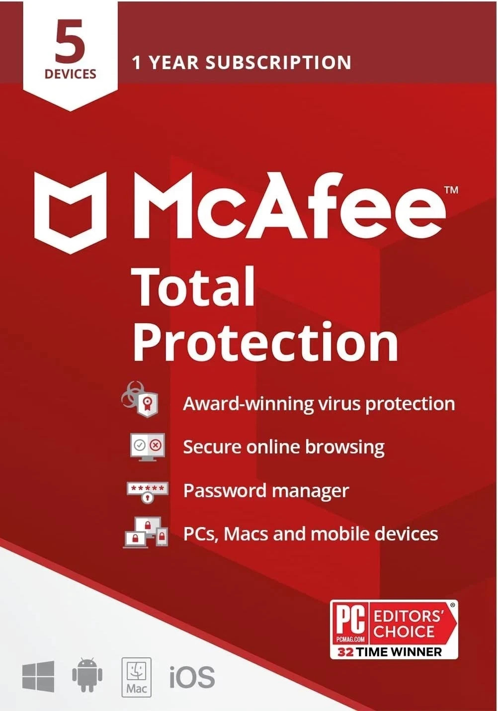 McAfee Total Protection 2026 5 Devices 1 Year Antivirus Security
