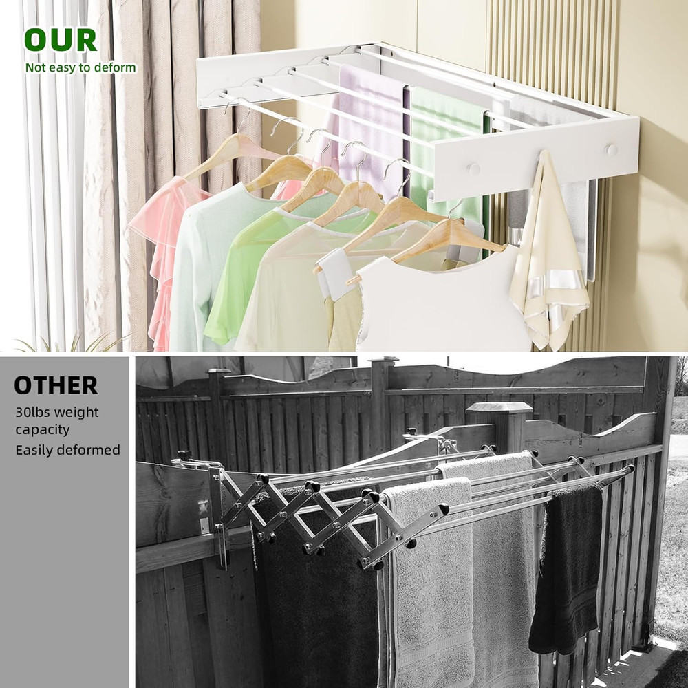 Collapsible Wall-Mounted Drying Rack with 5 Rods & 6 Hooks - Space-Saving Design