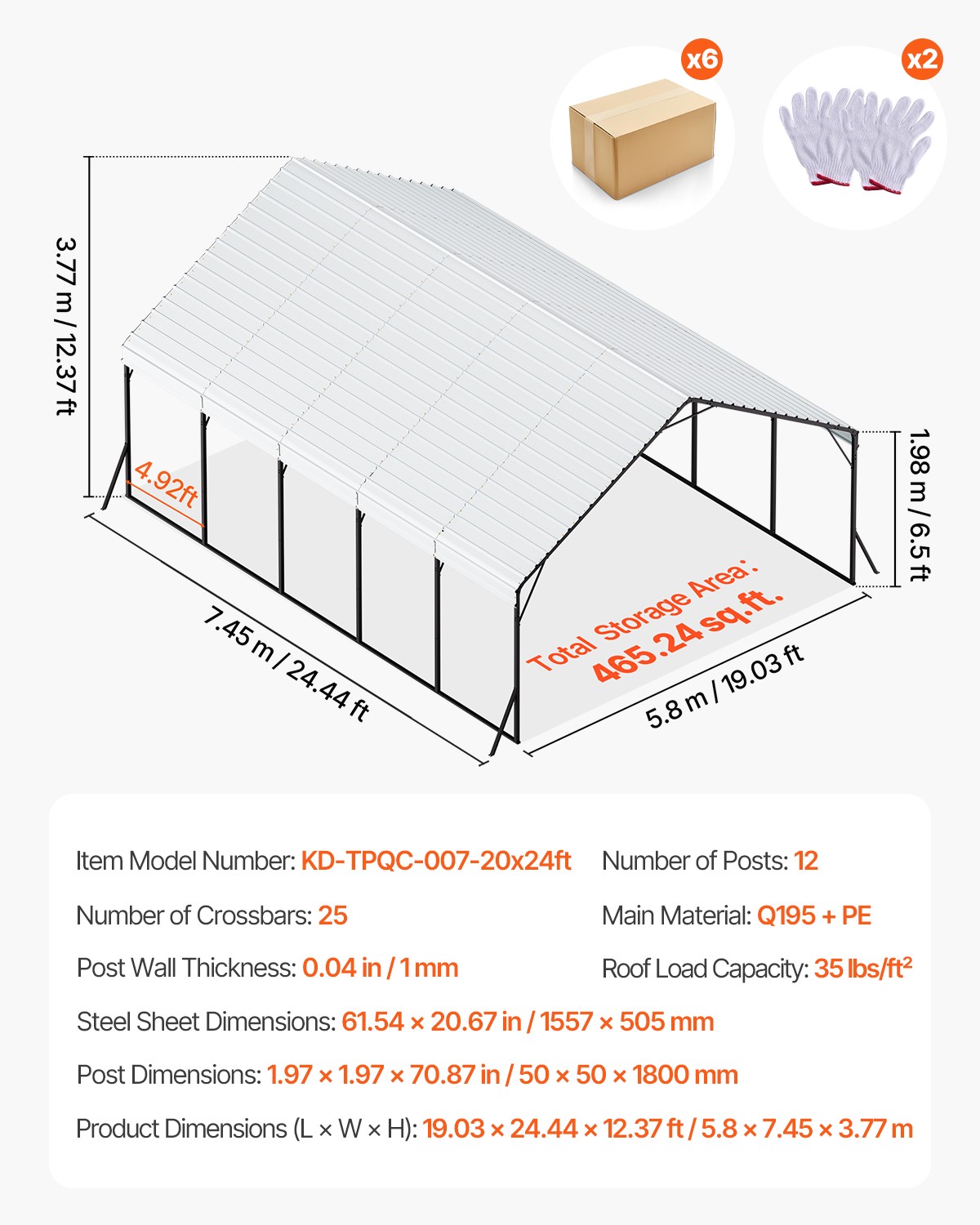 VEVOR 20 x 24 ft Heavy Duty Metal Carport Outdoor Boat Shelter