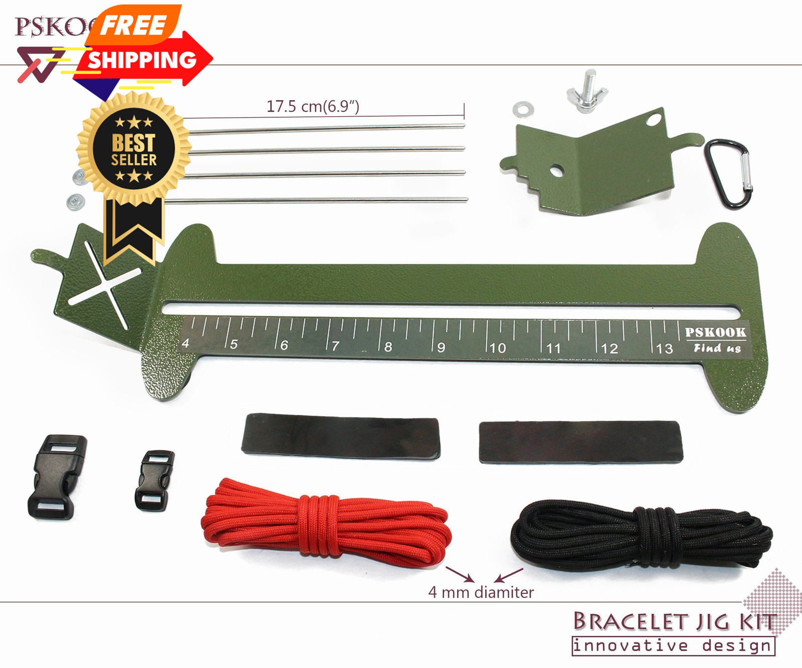 PSKOOK Paracord Bracelet Jig Kit, Adjustable (4" to 14"), Army Green