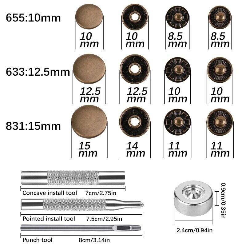 Leather Snap Fasteners Kit 10/12/15mm Metal Button Snaps Press Studs With 4 Tool