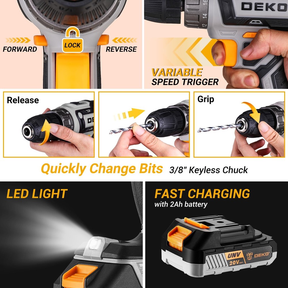 Cordless Drill Tool Kit Set: 20V Power Box with Battery Gray