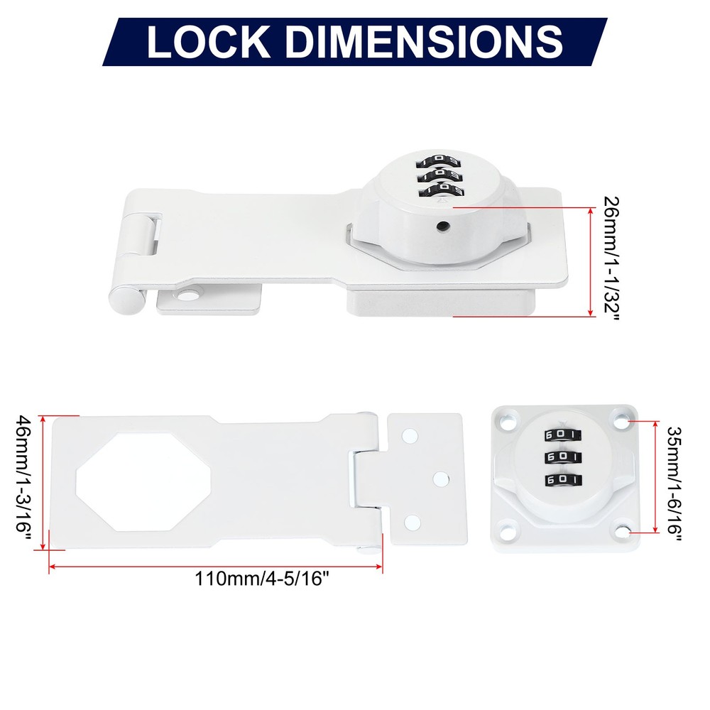 4.5" Combination Rotary Hasp Latch Lock 3-Digit Password Cabinet White