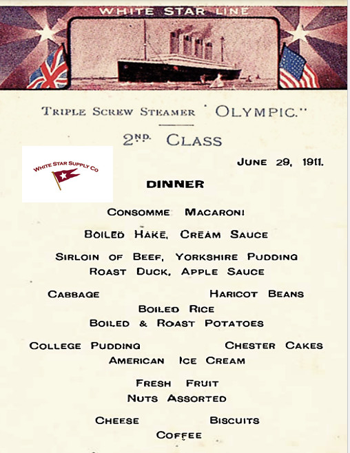 RMS OLYMPIC SECOND CLASS DINNER MENU JUNE 29, 1911 REPRINT, VERY NICE