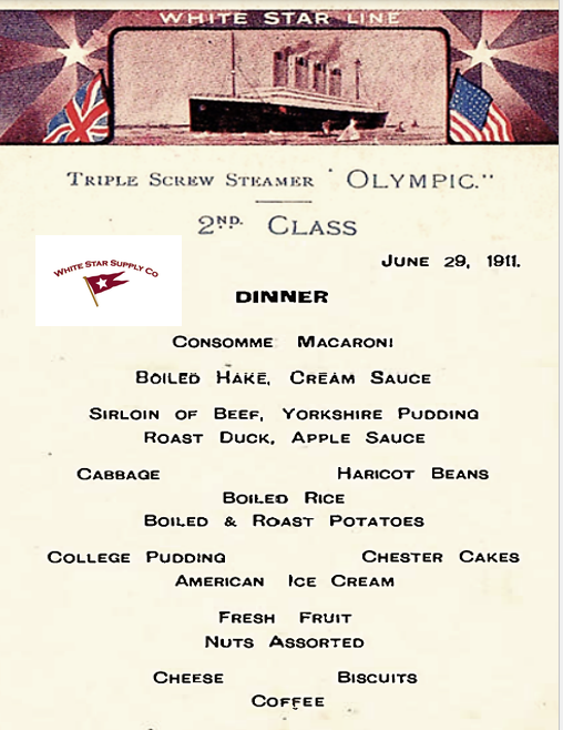 RMS OLYMPIC SECOND CLASS DINNER MENU JUNE 29, 1911 REPRINT, VERY NICE
