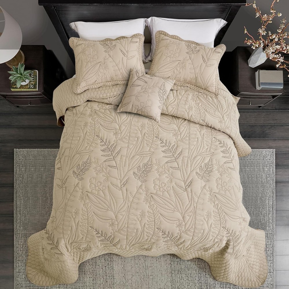 Botanical Oversized Bedspread Queen Size - Leaves Pattern Stitching Quilt Set...