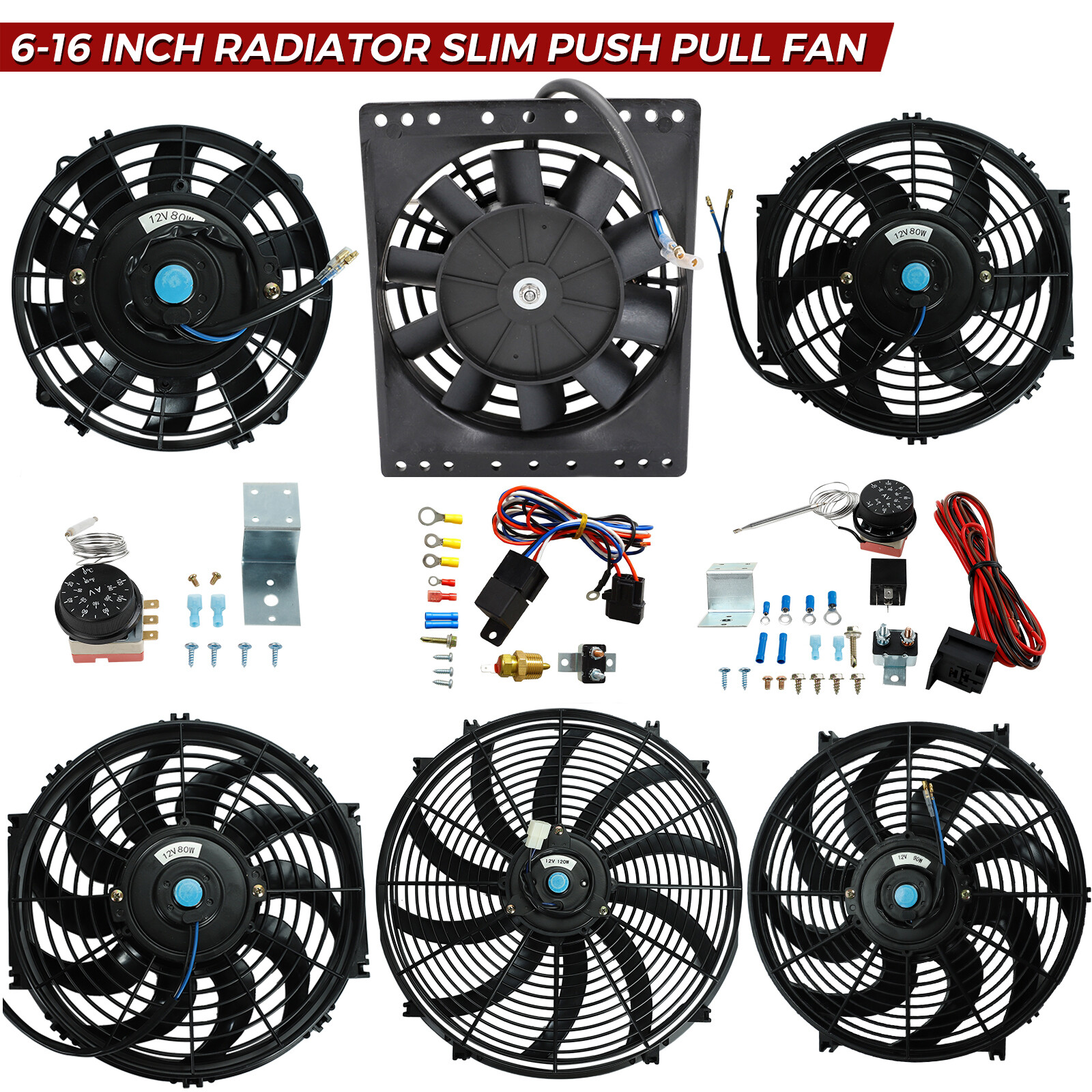 Universal Slim Fan Push Pull Electric Radiator Cooling Fan Black & Red & Blue