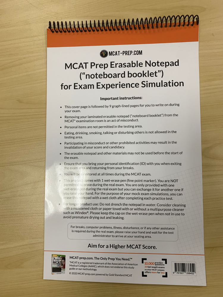 MCAT Prep Erasable Notepad/Whiteboard (noteboard booklet) with Staedtler Marker