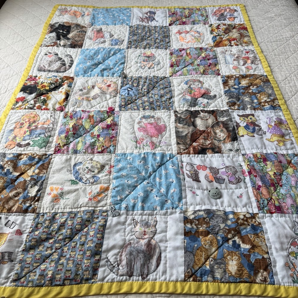 Vintage Cat Quilt Throw 37x53 Patchwork Kitty Cottagecore Decor