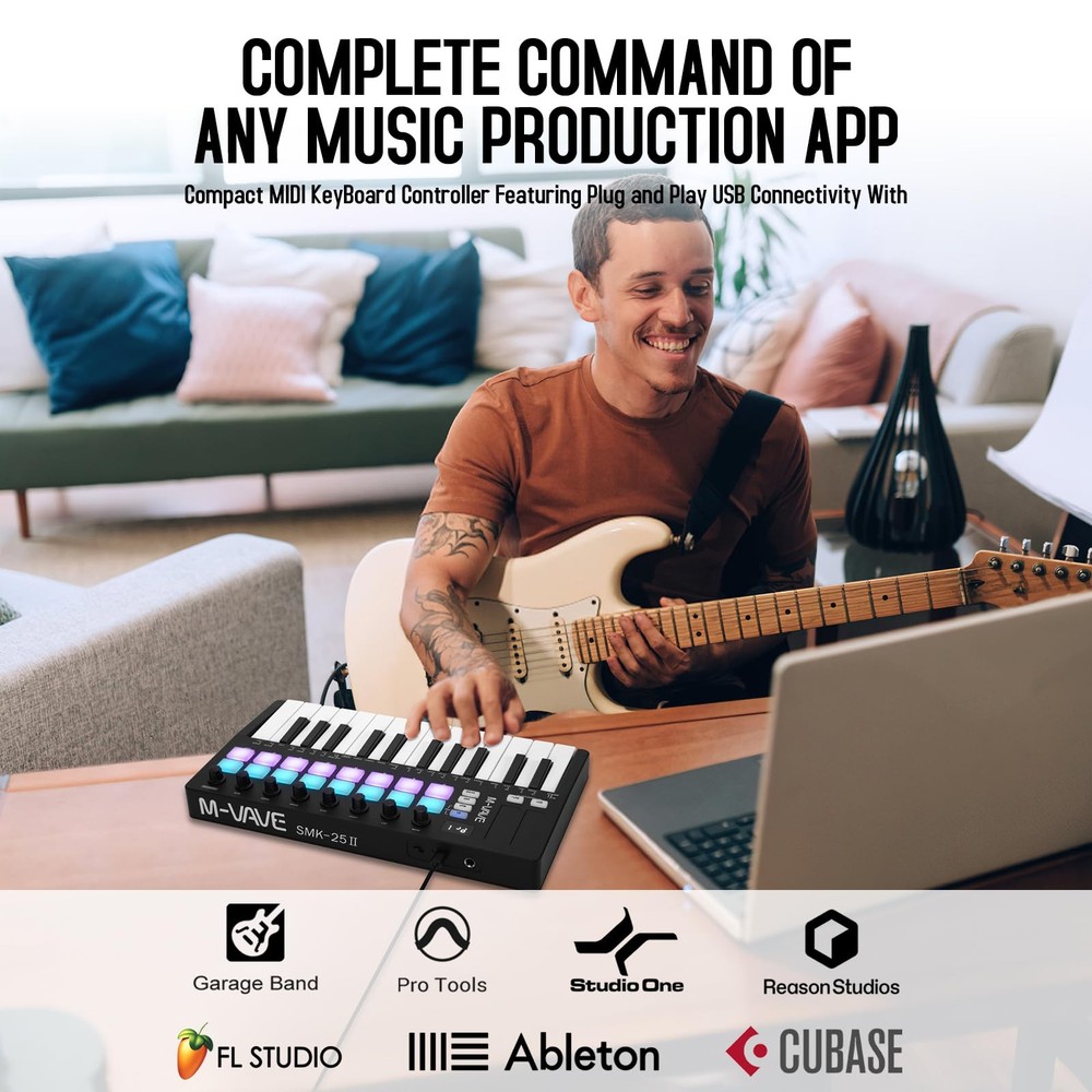 25 Key USB MIDI Keyboard Controller With 16 Backlit Drum Pads, Bluetooth Semi...