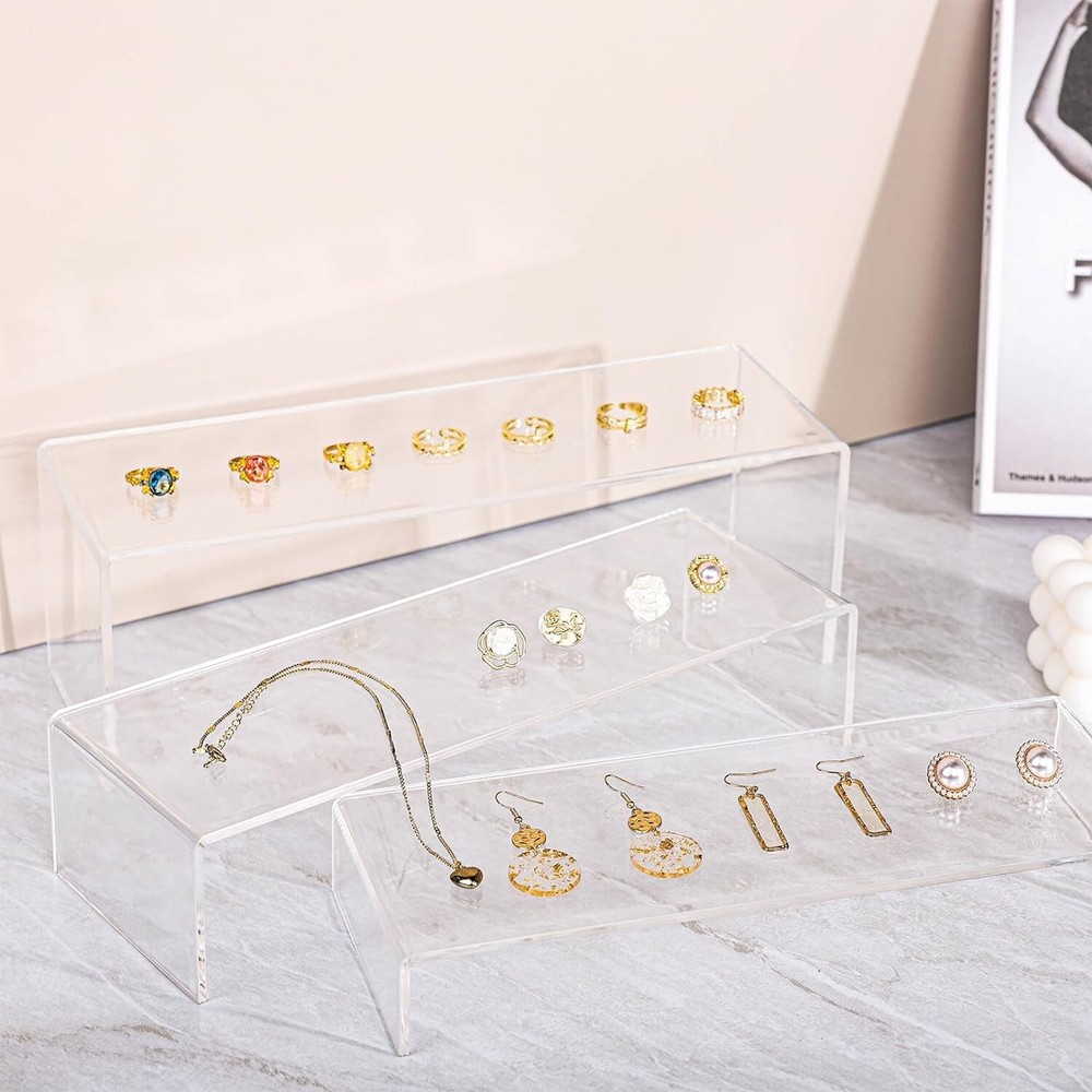 3-Pack Clear Acrylic Display Risers - Rectangular Tiered 11.9 x 3.9 x 4 inches