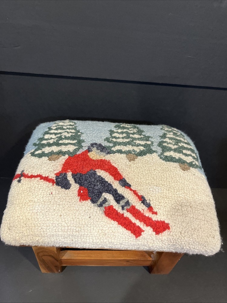 Footstool Chandler Needlepoint Skier Winter Snow Tree Scene Solid Wood Base