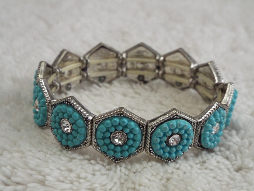 Silvertone Rhinestone Blue Bead Stretch Bracelet (C73)