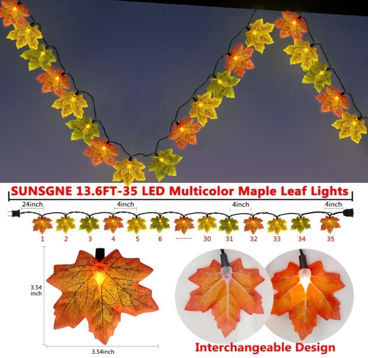 13.6FT Fall Lights Thanksgiving String 35 Multi-colored Maple Leaf