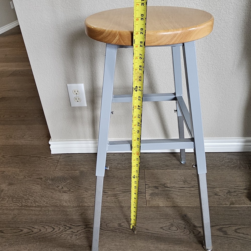 Science Lab Stool, Solid Wood Seat & Steel Frame Adjustable, Gray