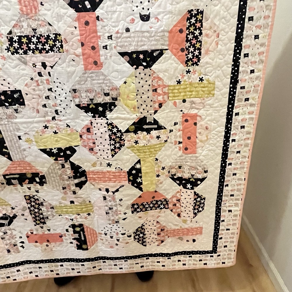Handmade Cats and Camper Trailers Patchwork Quilt Blanket Pink