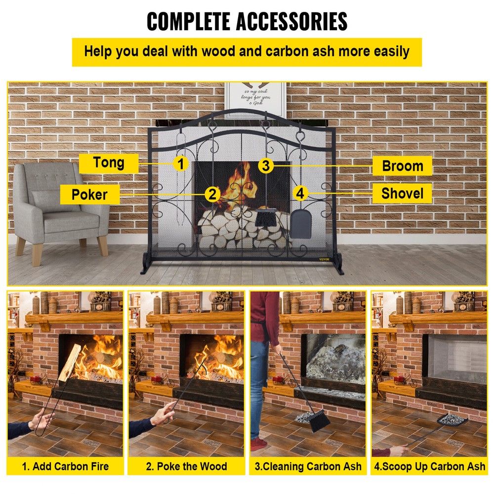 Fireplace Screen Spark Guard Protector Single Panel Free Standing Home Decor
