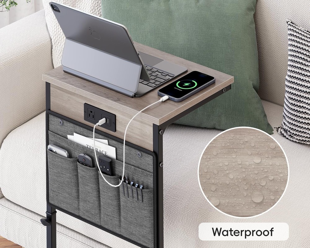 C Shaped End Table W/ Charging Station 33"Tall C Table End Table Adjustable