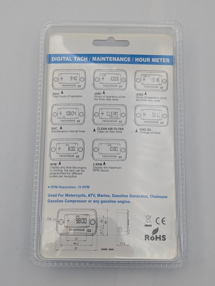 Tach Hour Meter Digital LCD Inductive Tachometer Timing Self-Powered IP68 Retail