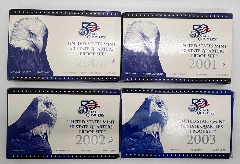 4 US Mint Proof State Quarter Sets - In OGP with COA, 2000, 2001, 2002, 2003