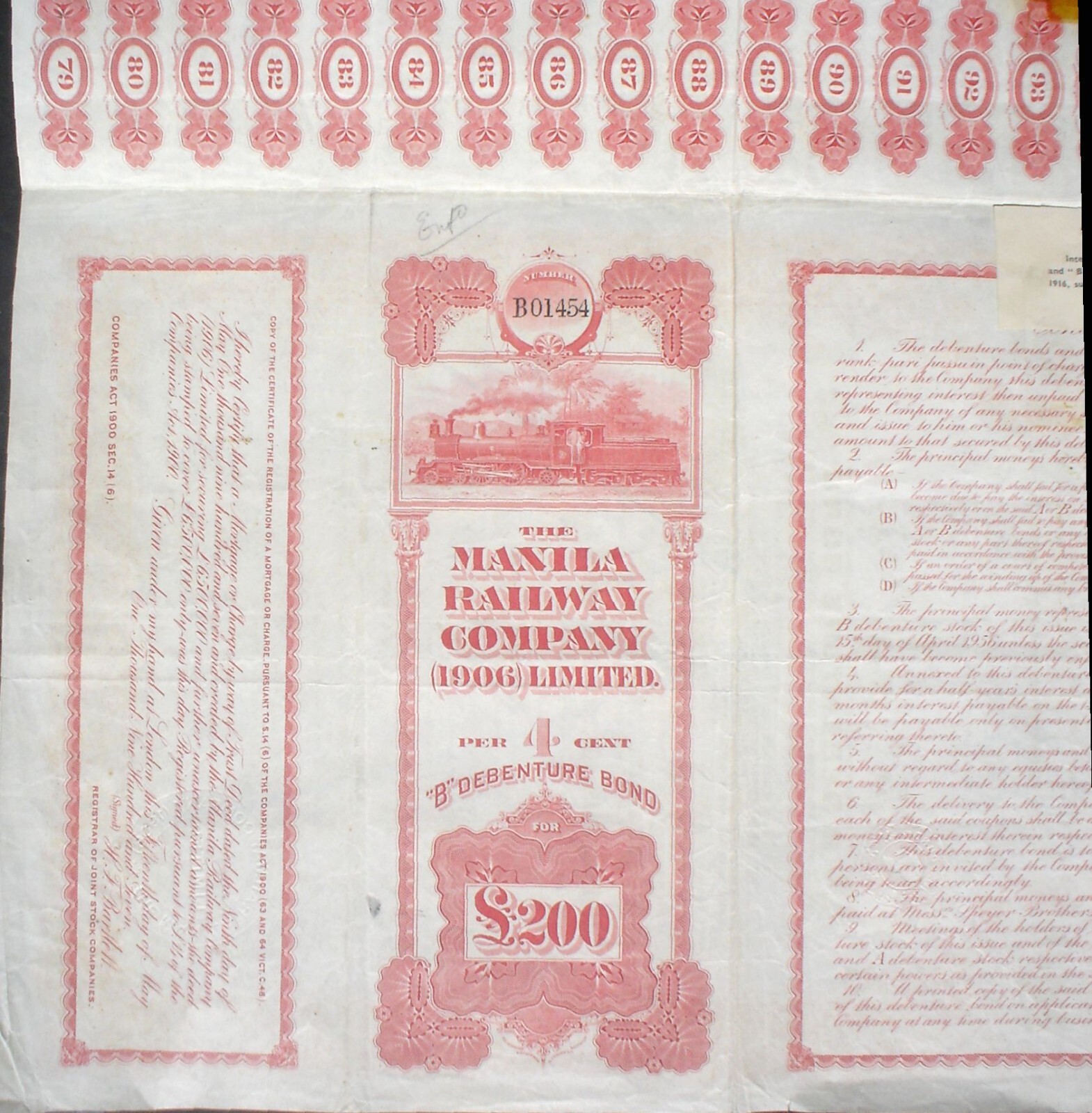 Manila Railway Comp. 200 P. Sterling 4% Bond, 1909 uncancelled + coupons