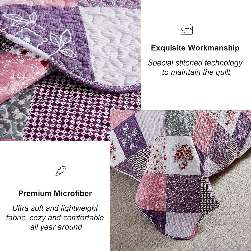 Purple Quilt Set King Size, Reversible Floral Plaid Patchwork Pattern Bedding Se