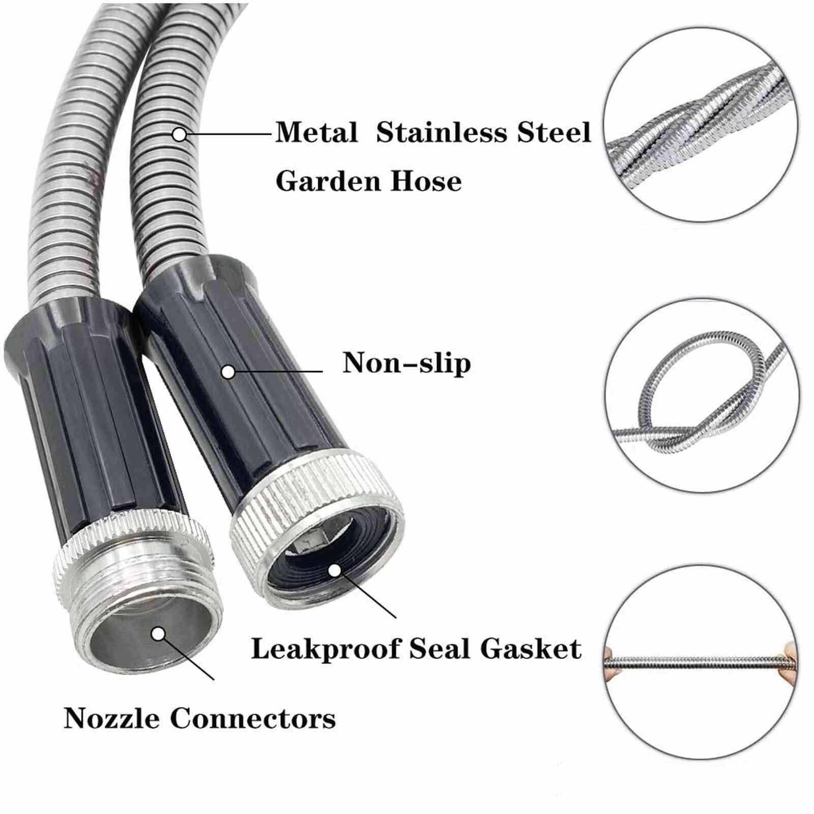 25/50/75/100/150FT Stainless Steel Flexible Garden Water Hose 2X Spray Nozzle