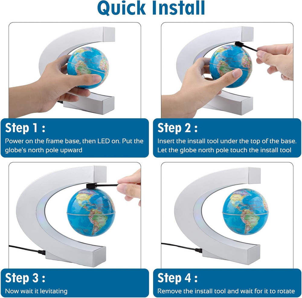 Magnetic Levitating Globe with LED Light, Floating Desk Decor, Silver