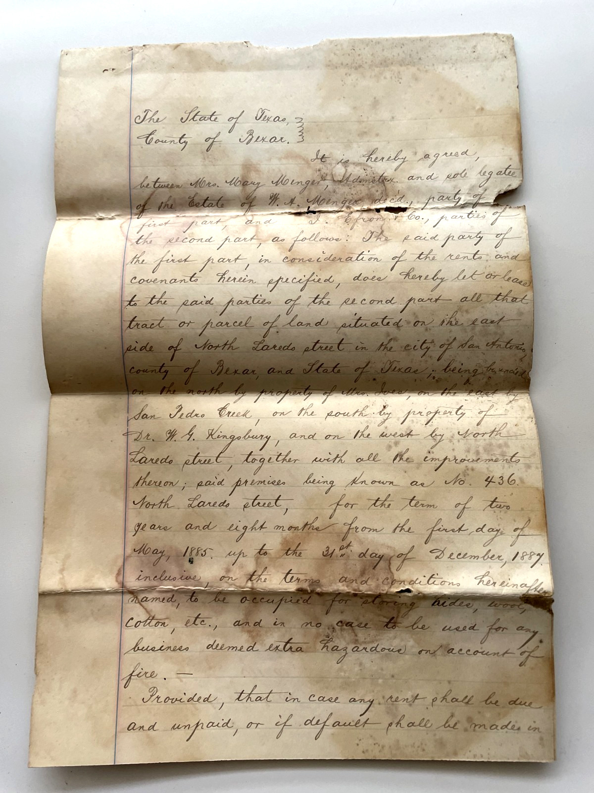 1885 San Antonio Texas Lease Document Mary Menger East Side North Laredo Street