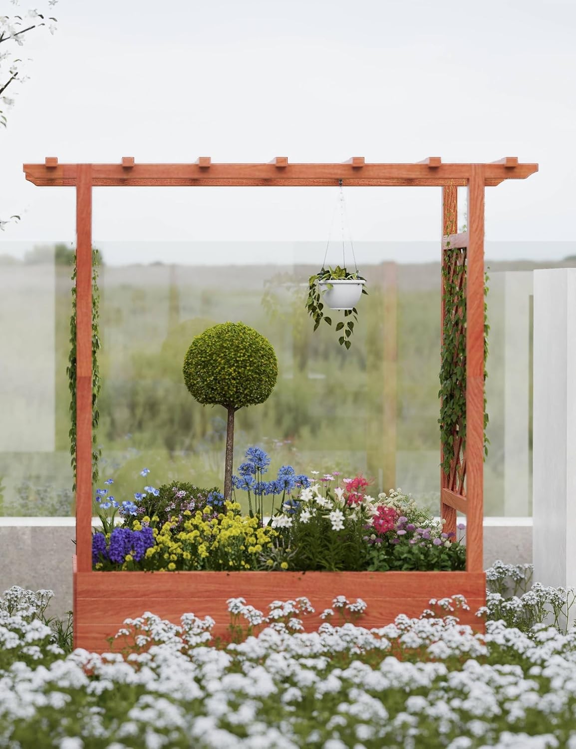 Wood Raised Garden Bed with Trellis and Roof Planter Box for Patio Yard Garden