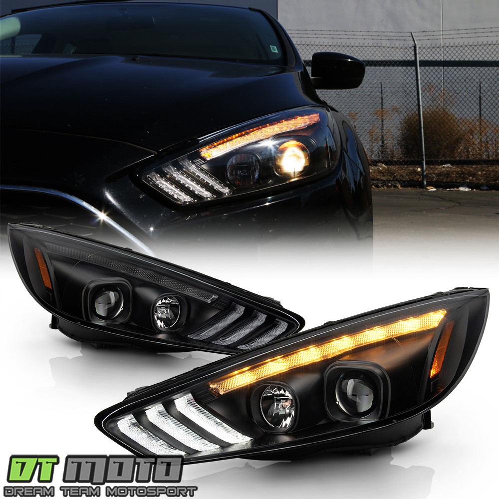 2015-2018 Ford Focus Halogen Type Black LED DRL Sequential Projector Headlights