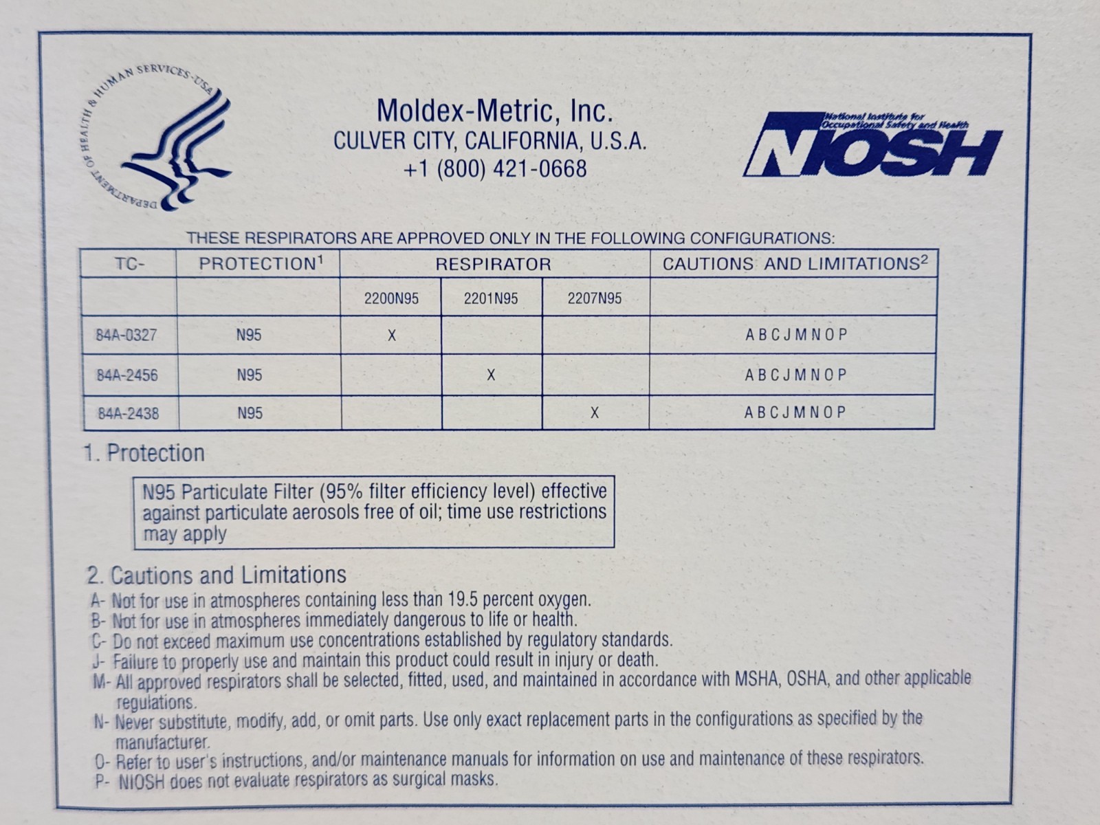 (1 box) Moldex 2200N95 2207 N95 Respirator Mask, Medium/Large 20 Masks per Box