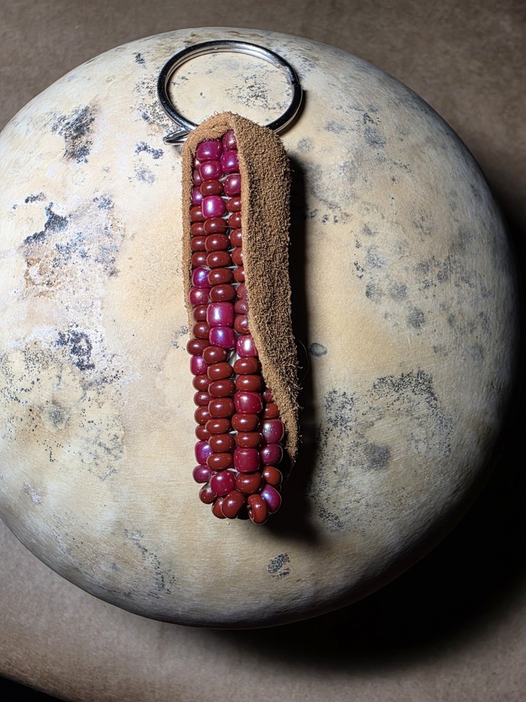 Handmade Red Corn Beaded Keychain 2in (dark tan husk)