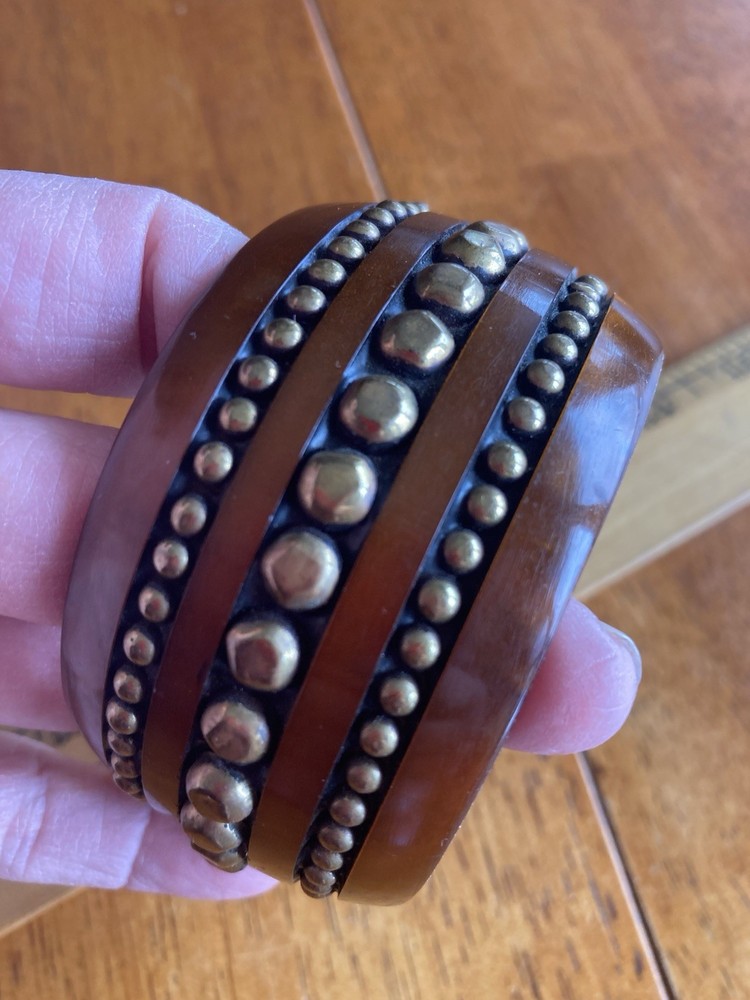 Vintage Brass Studded Rootbeer Bakelite Chunky Bangle Not Tested