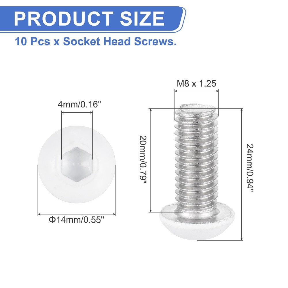 10 Pcs M8-1.25 x 20mm Button Head Socket Cap Screw Machine Screw, White