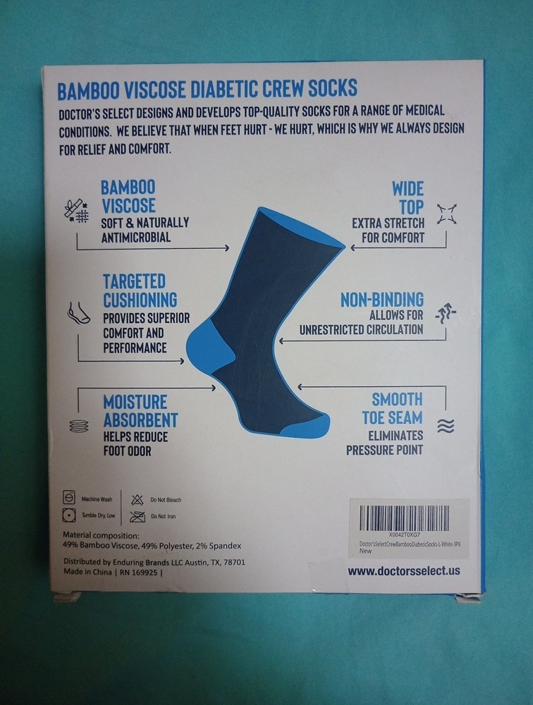 Doctors Select Crew Bamboo Diabetic Socks Large White 3 Pk