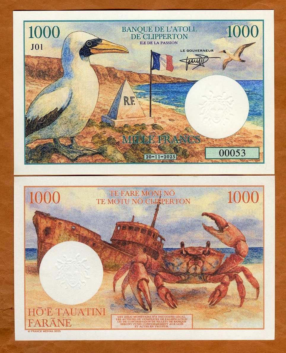 Clipperton Island, 1000 Francs, 2025, Fantasy Art Banknote