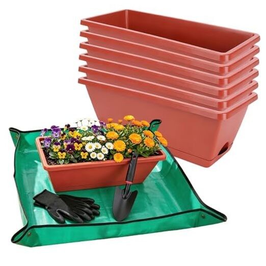 7 Pack Window Box Planters, 17 Inch Plastic Rectangular Flower Pots Brick-red