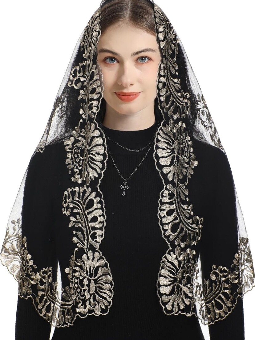 Head Veil Mantilla Catholic Church Veil Head Cover Black Gold Embroidered Black