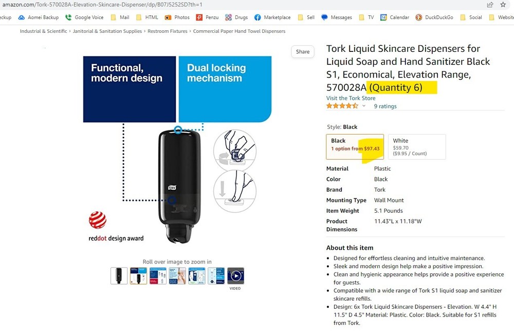 Tork 570028A Elevation Liquid Soap Dispenser, Black JB New